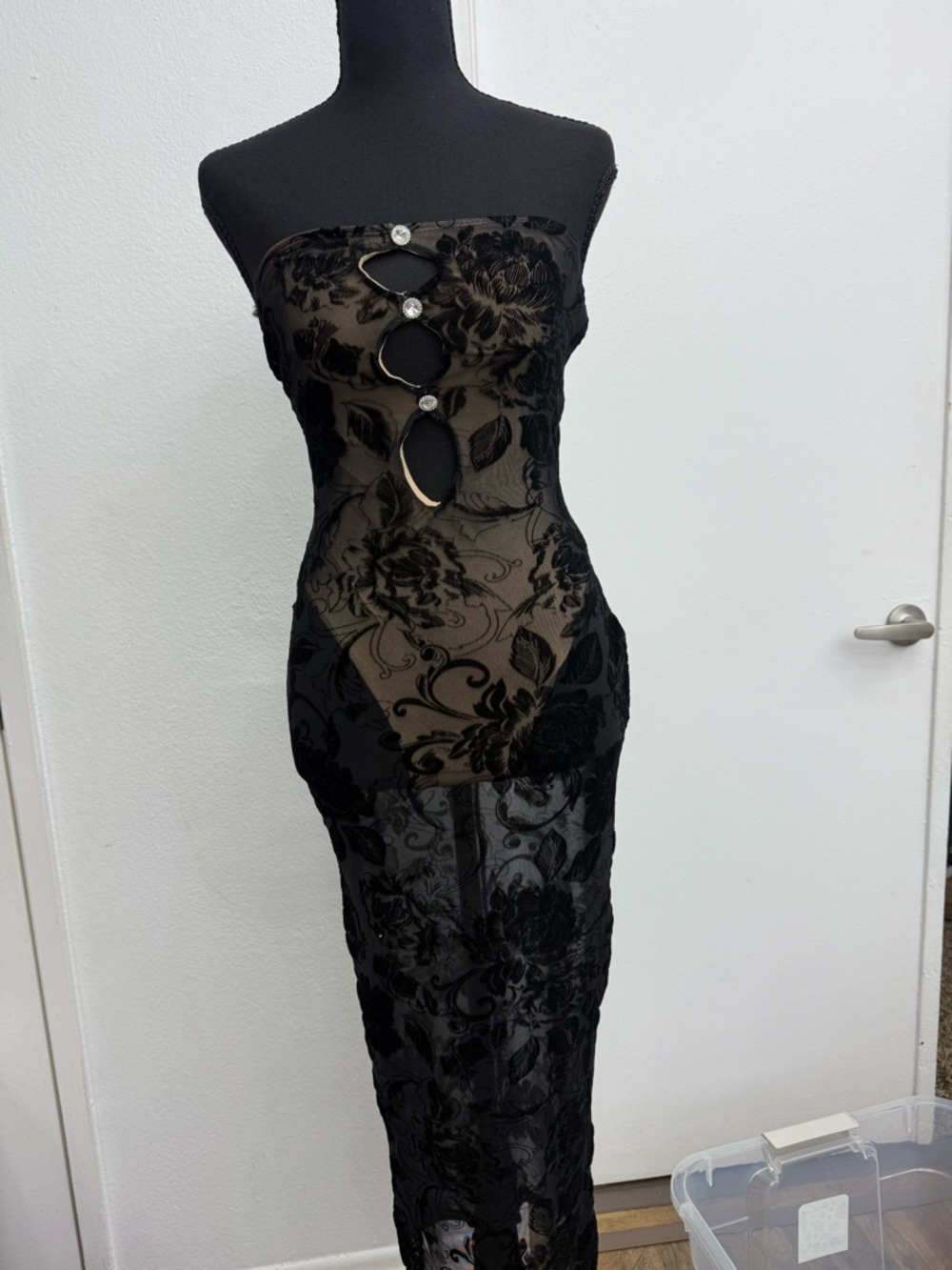 Strapless Black Floral Sheer Bodycon Dress